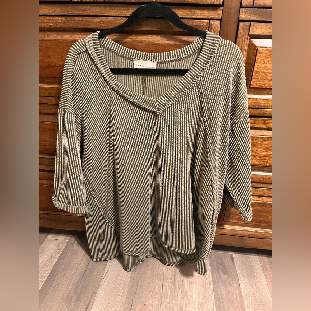 Zenana Outfitters Olive and Cream V-Neck Sweater